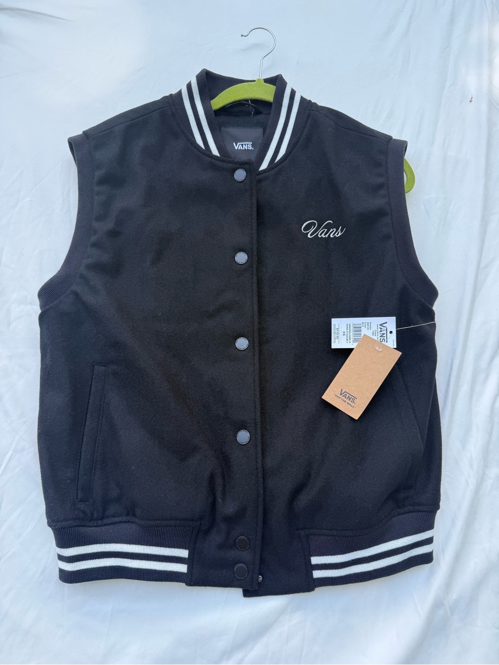 Vans Black Sleeveless Varsity Jacket with White Stripes